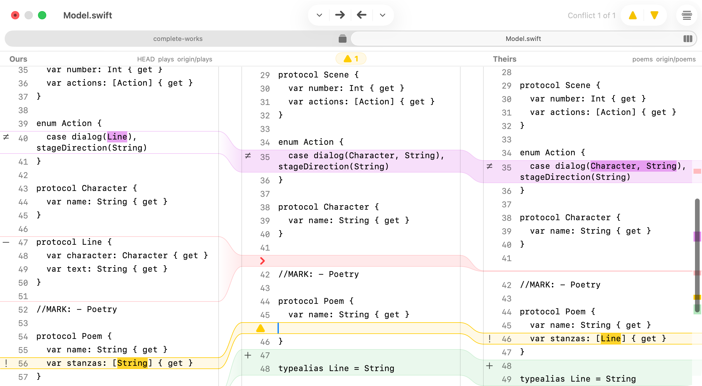 JuxtaCode three-way merge tool showing two inputs and the merged result.