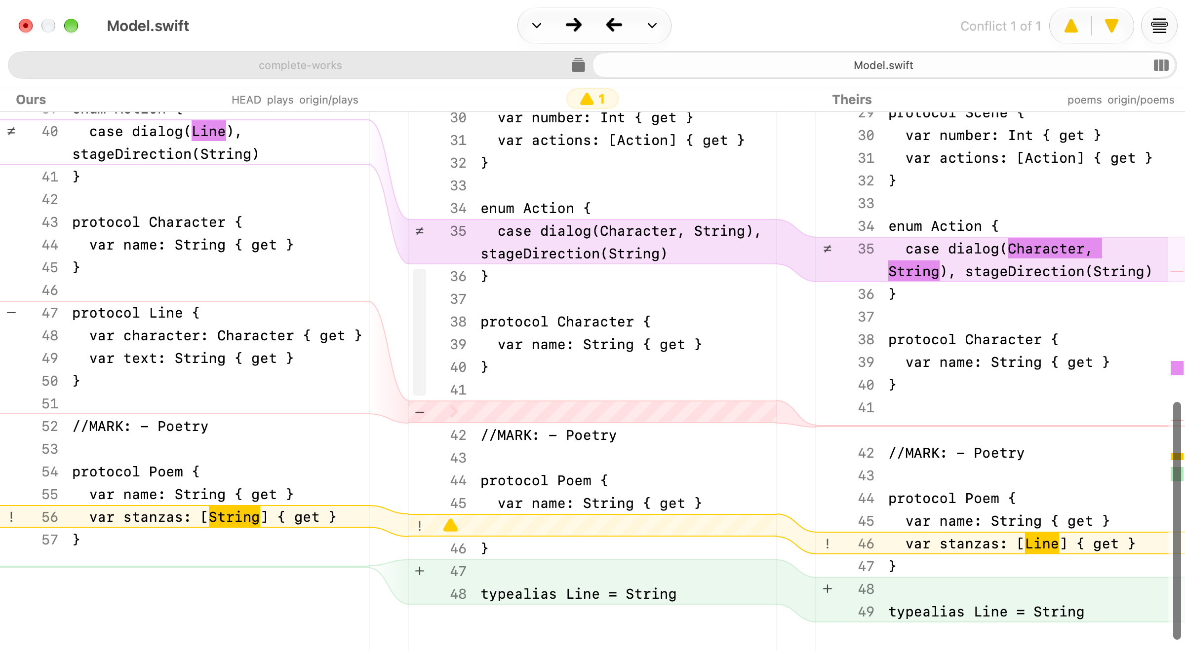 JuxtaCode three-way merge tool showing two inputs and the merged result.