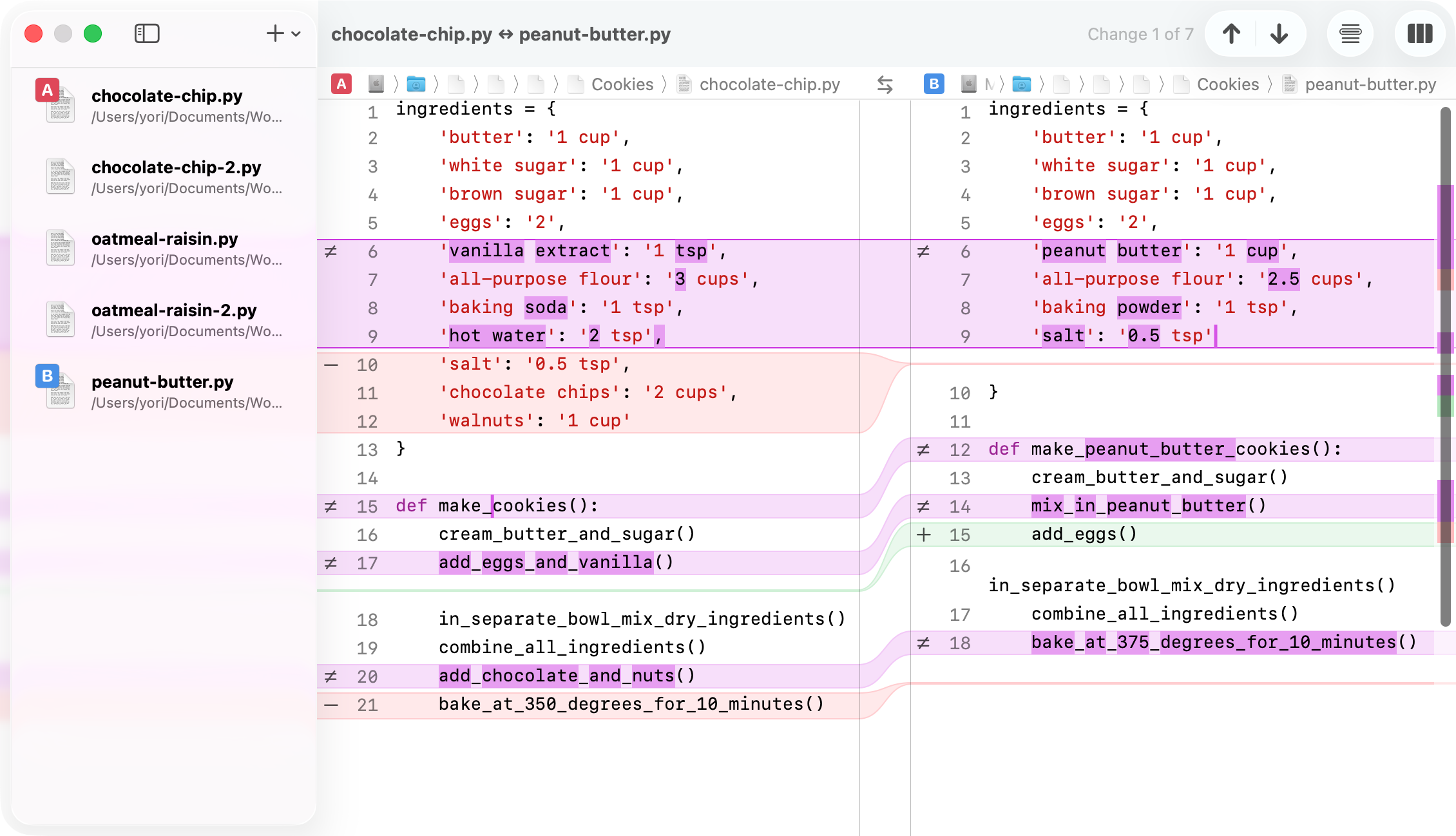 JuxtaCode showing several plain-text files and a side-by-side comparison.