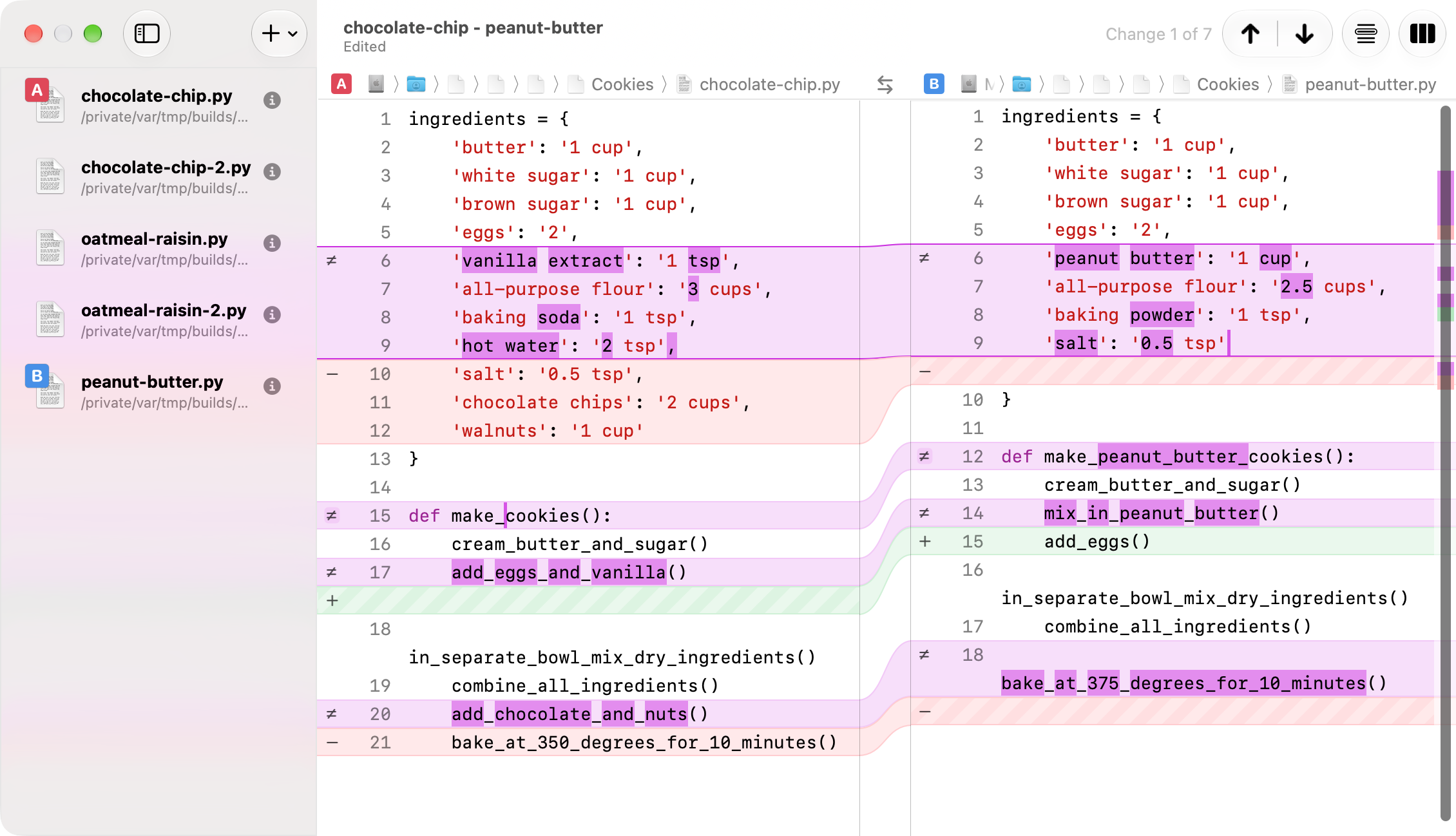 JuxtaCode showing several plain-text files and a side-by-side comparison.