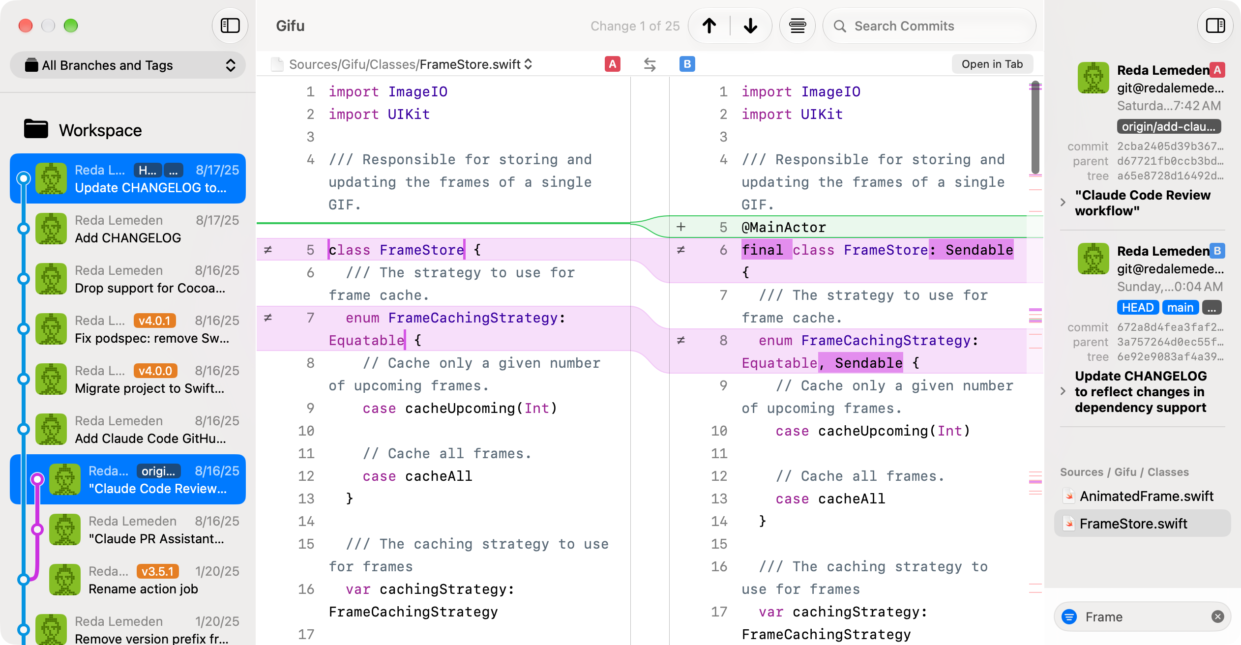 JuxtaCode showing a repository and a side-by-side comparison of two commits.