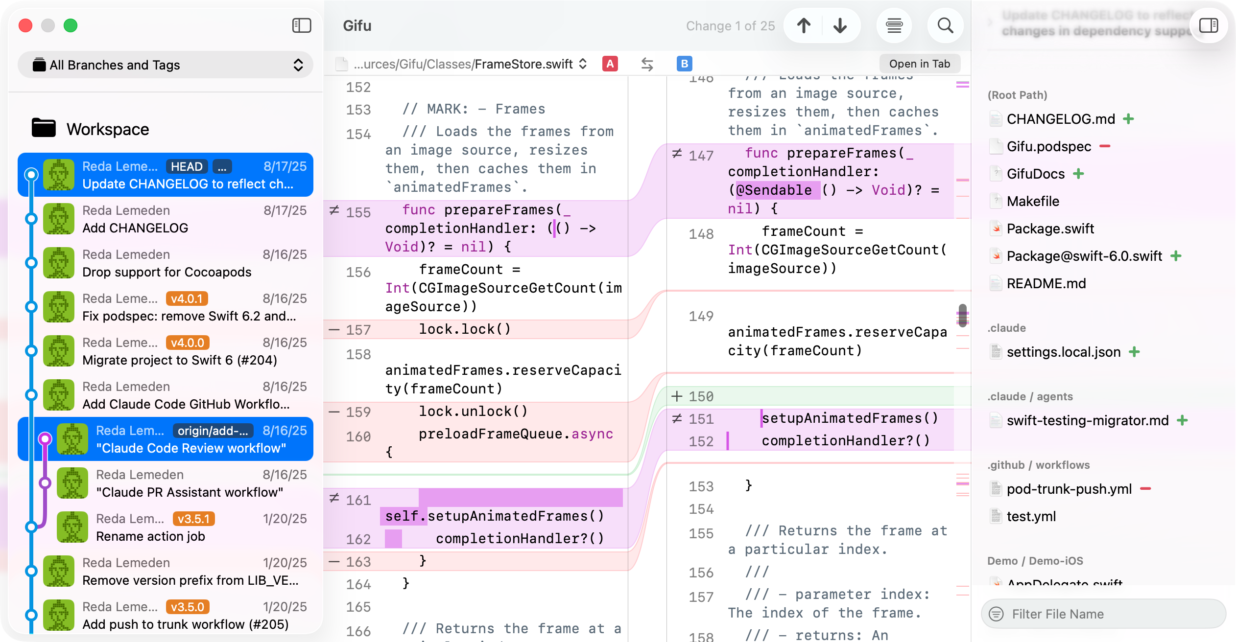 JuxtaCode showing a repository and a side-by-side comparison of two commits.