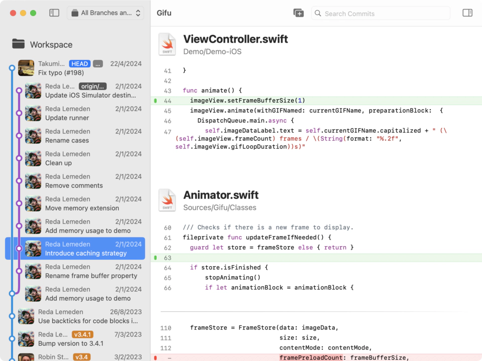 A JuxtaCode window showing a repository's commits and the diff of the selected commit.