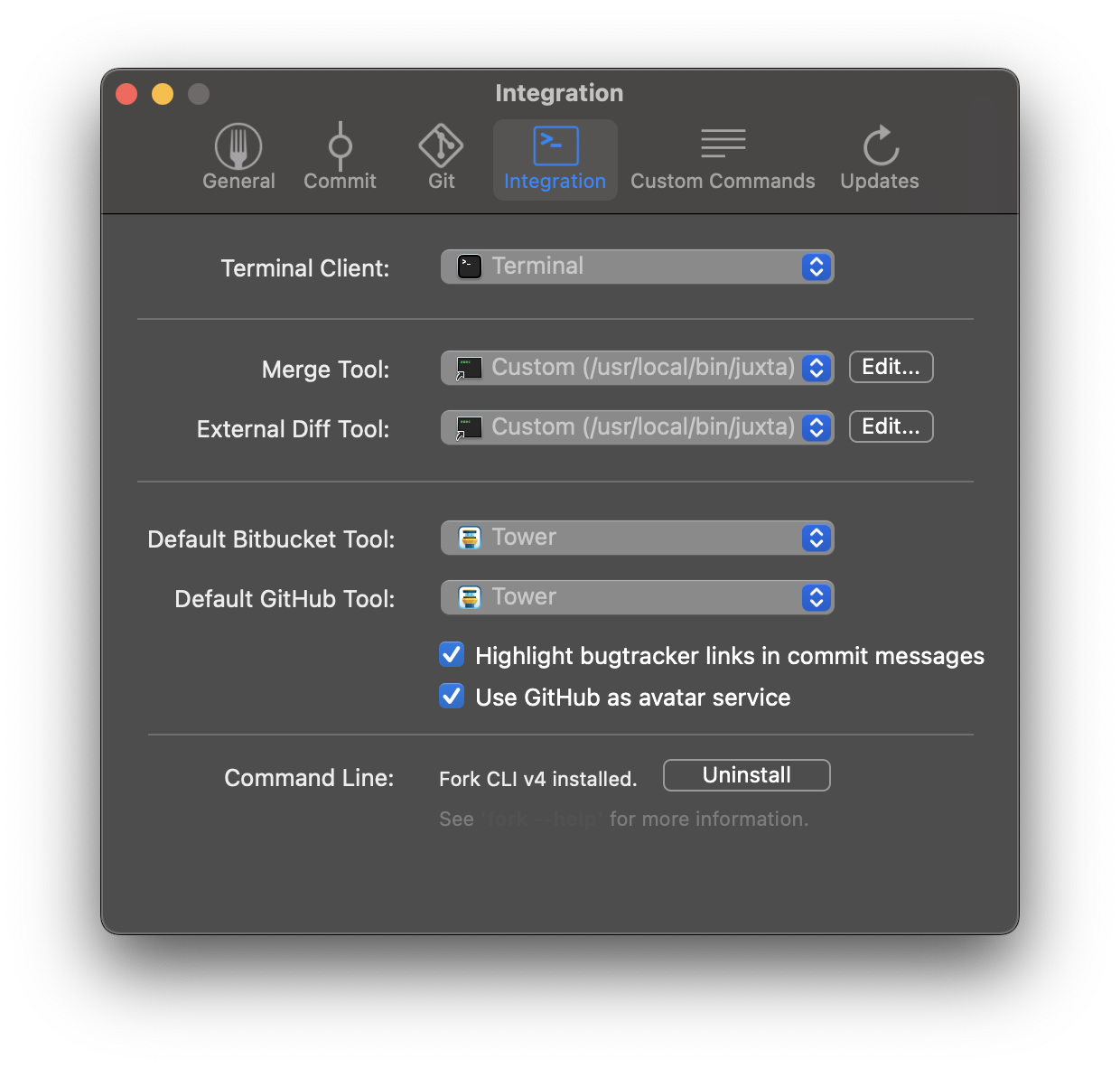 Fork integration settings with custom merge and external diff tools.