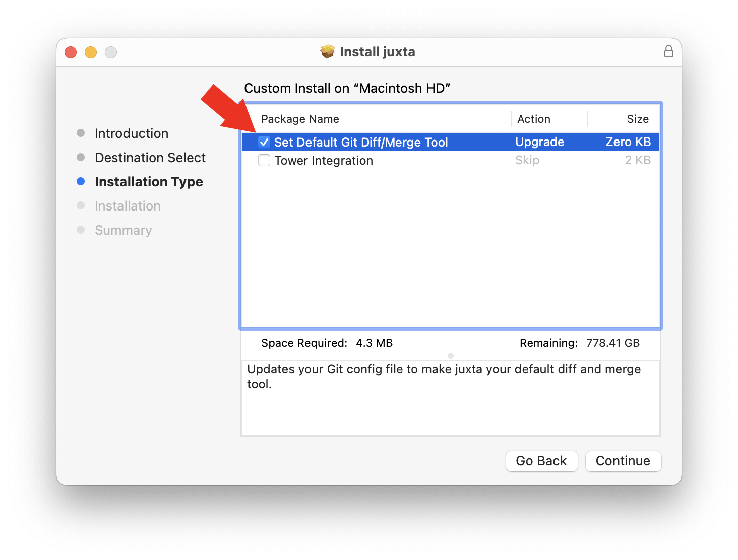 The juxta installer with Set Default Git Diff/Merge Tool selected.
