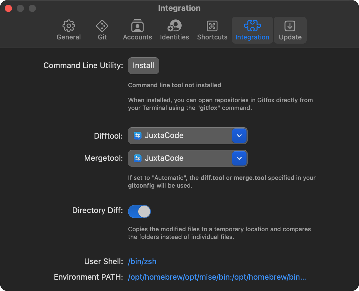 JuxtaCode selected as the diff and merge tool in Gitfox settings.