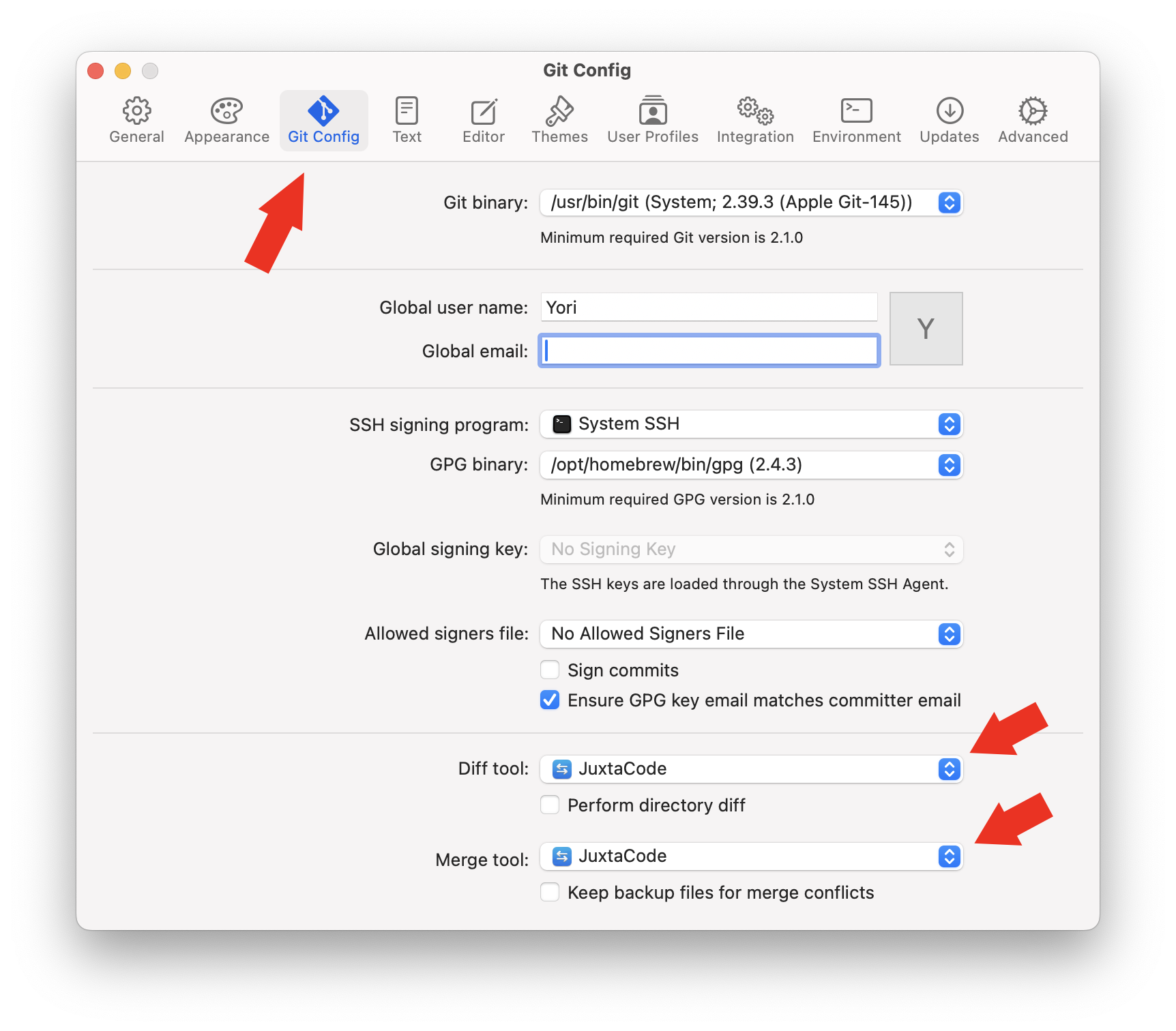 JuxtaCode selected as the diff and merge tool in Tower settings.