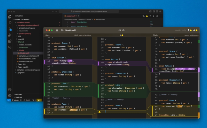 JuxtaCode's 3-way merge tool, opened from a conflicted file in Visual Studio Code.