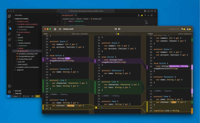 JuxtaCode's 3-way merge tool, opened from a conflicted file in Visual Studio Code.